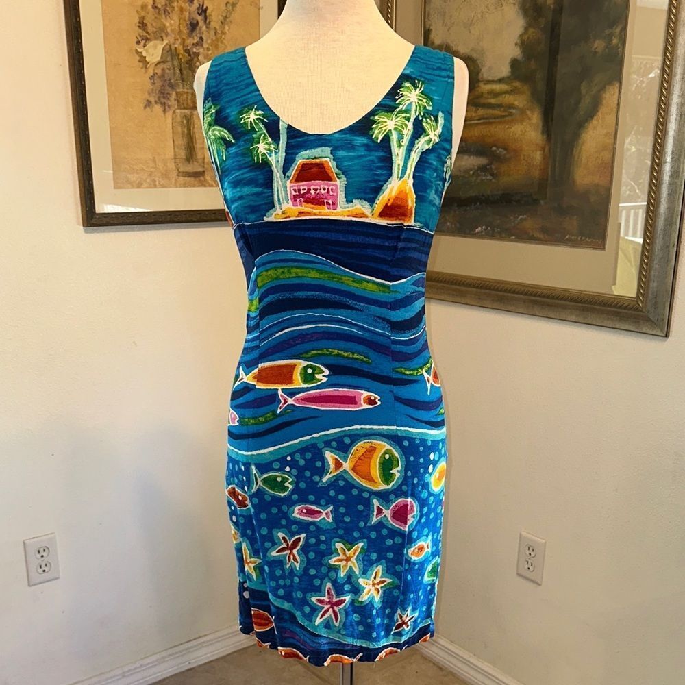 JAMS WORLD Vintage Tropical Fish Blue Sleeveless Dress Size XS